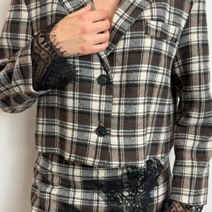 Giacca Crop Scozzese In Flanella, Maniche Lunghe Con Polsino In Pizzo, Fondo Con Taglio Vivo - Souvenir cod. S38M0971