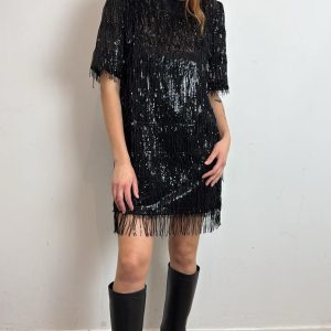 Abito Nero Con Frange E Paillettes - Haveone cod. AGE_P077