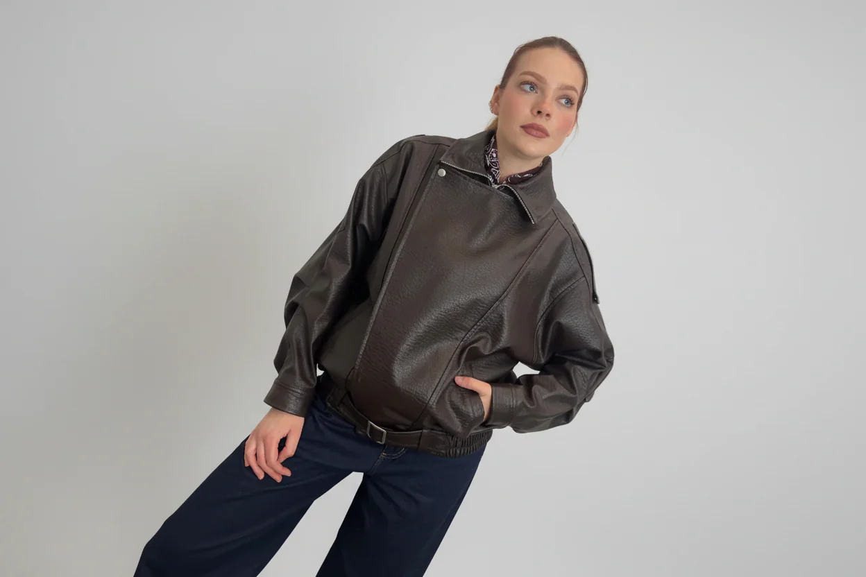 Giacca Effetto Pelle Marrone – Modello Oversize Con Elastico In Vita - Souvenir cod. S39M0571