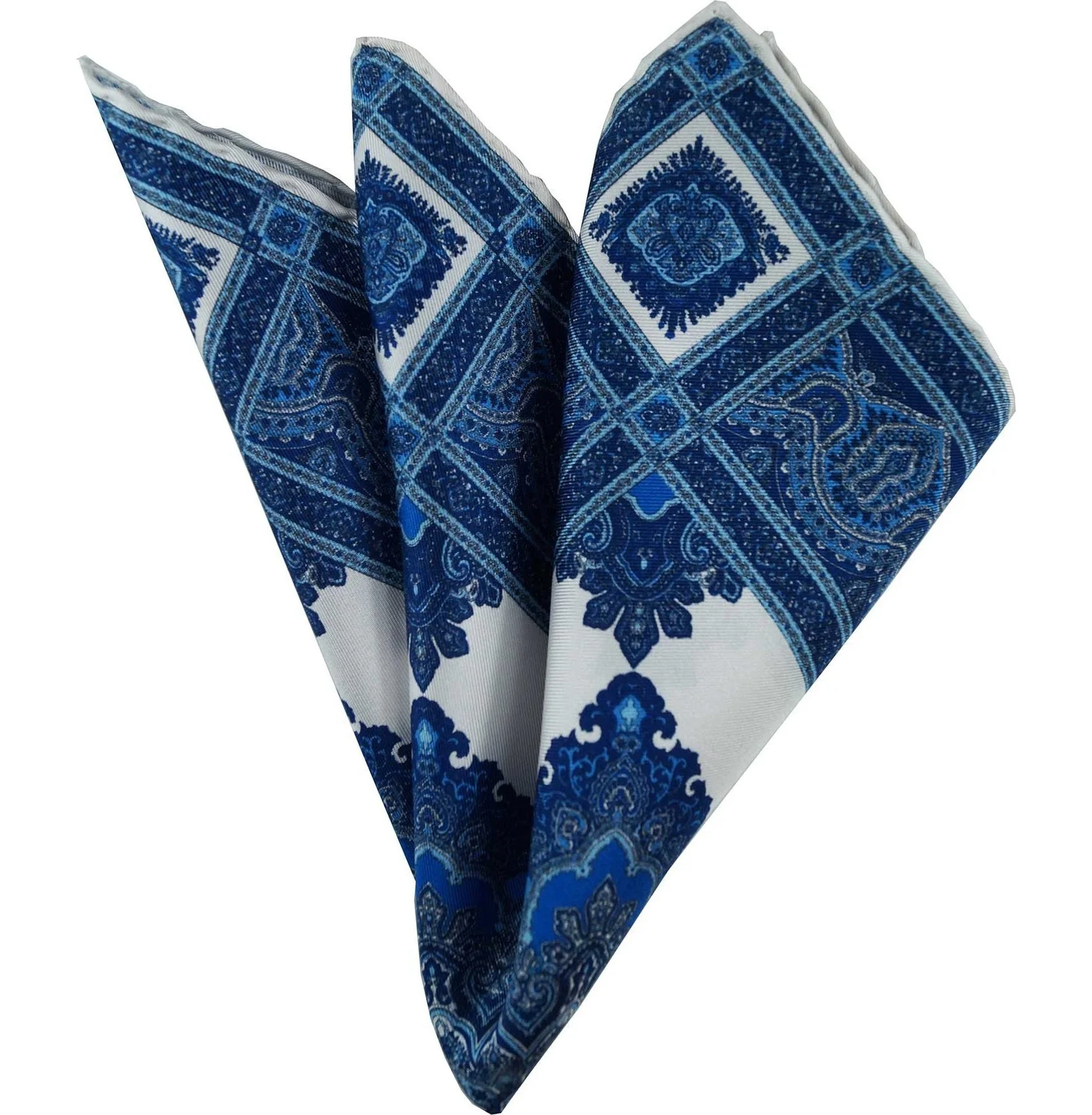 Patterned blue and white pocket square